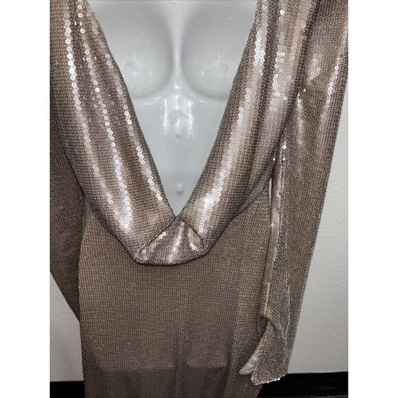 KHY Sequin Maxi Dress Champagne XS Kylie Jenner Long Sleeve Low Back Lined - Picture 6 of 16